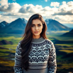 A 30-year-old Icelandic woman standing proudly against a stunning Icelandic backdrop