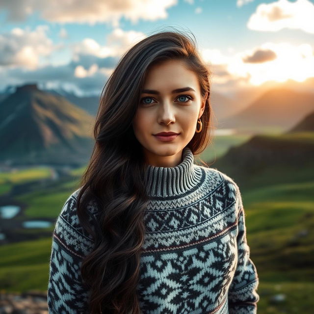 A 30-year-old Icelandic woman standing proudly against a stunning Icelandic backdrop