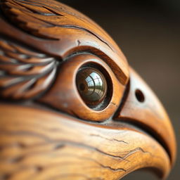 A close-up view of a beautifully carved wooden bird, showcasing intricate details like feathers and textures