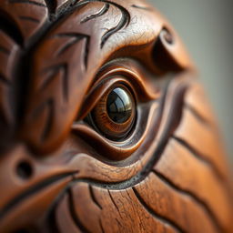 A close-up view of a beautifully carved wooden bird, showcasing intricate details like feathers and textures
