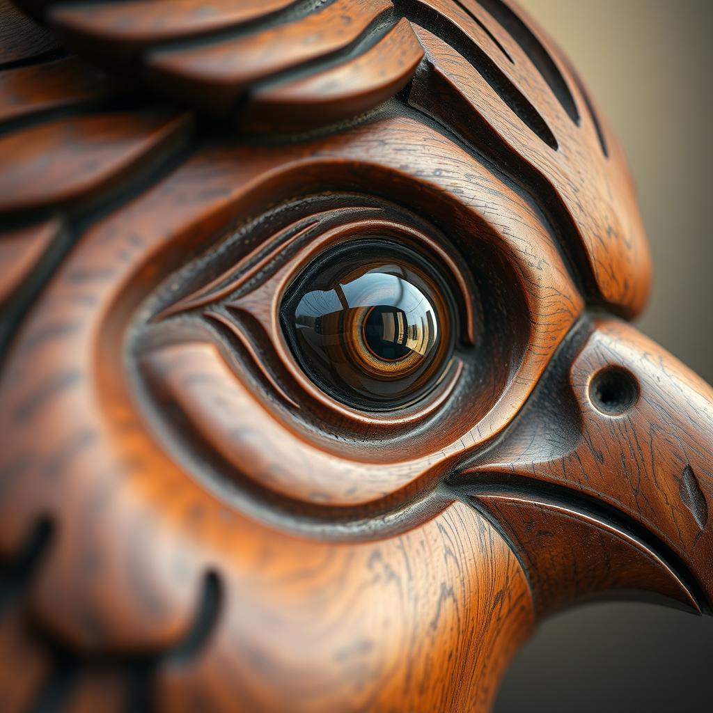 A close-up view of a beautifully carved wooden bird, showcasing intricate details like feathers and textures