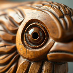 A close-up view of a beautifully carved wooden bird, showcasing intricate details like feathers and textures