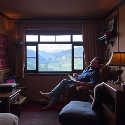 A single guest relaxing in a personalized Andean room, adorned with traditional decorations such as intricate textiles, hand-carved wooden furniture, and folk art