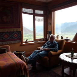 A single guest relaxing in a personalized Andean room, adorned with traditional decorations such as intricate textiles, hand-carved wooden furniture, and folk art