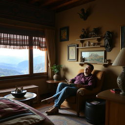A single guest relaxing in a personalized Andean room, adorned with traditional decorations such as intricate textiles, hand-carved wooden furniture, and folk art