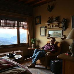 A single guest relaxing in a personalized Andean room, adorned with traditional decorations such as intricate textiles, hand-carved wooden furniture, and folk art