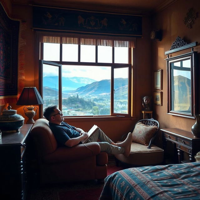 A single guest relaxing in a personalized Andean room, adorned with traditional decorations such as intricate textiles, hand-carved wooden furniture, and folk art