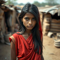 An Indian young woman wearing a traditional red saree, with long hair falling gracefully around her shoulders