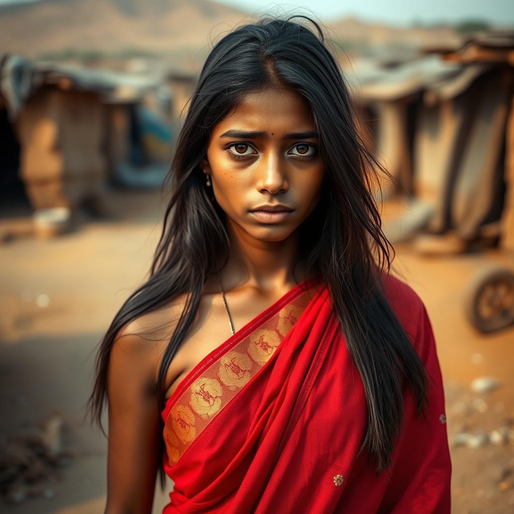 An Indian young woman wearing a traditional red saree, with long hair falling gracefully around her shoulders