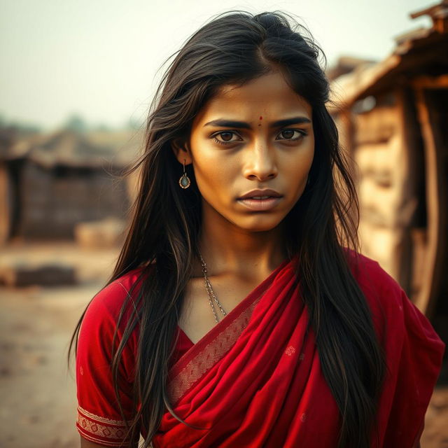 An Indian young woman wearing a traditional red saree, with long hair falling gracefully around her shoulders