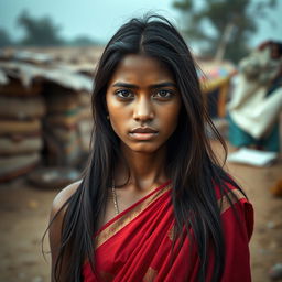 An Indian young woman wearing a traditional red saree, with long hair falling gracefully around her shoulders
