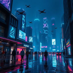 A captivating scene set in a futuristic cityscape at night, illuminated by neon lights and advanced technology