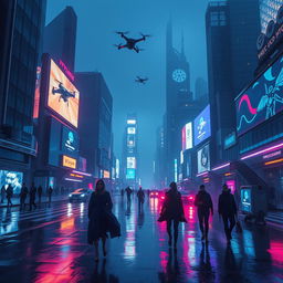 A captivating scene set in a futuristic cityscape at night, illuminated by neon lights and advanced technology
