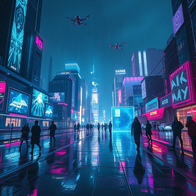 A captivating scene set in a futuristic cityscape at night, illuminated by neon lights and advanced technology