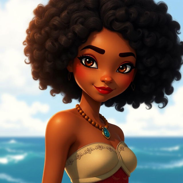 Kailani, a tall and slender young woman with short, voluminous curly hair in a dark brown almost black shade