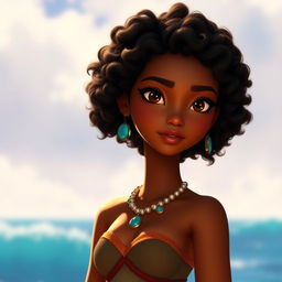 Kailani, a tall and slender young woman with short, voluminous curly hair in a dark brown almost black shade