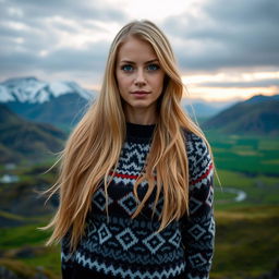 A 30-year-old Icelandic woman with long, flowing blonde hair, standing confidently against a breathtaking Icelandic landscape