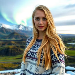 A 30-year-old Icelandic woman with long, flowing blonde hair, standing confidently against a breathtaking Icelandic landscape