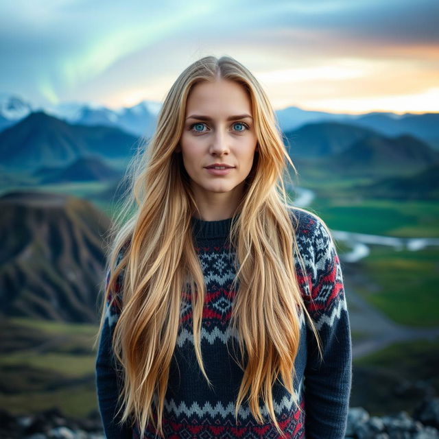 A 30-year-old Icelandic woman with long, flowing blonde hair, standing confidently against a breathtaking Icelandic landscape