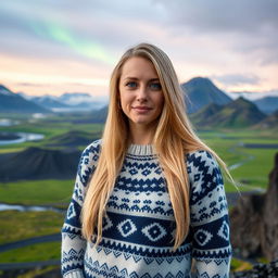 A 30-year-old Icelandic woman with long, flowing blonde hair, standing confidently against a breathtaking Icelandic landscape