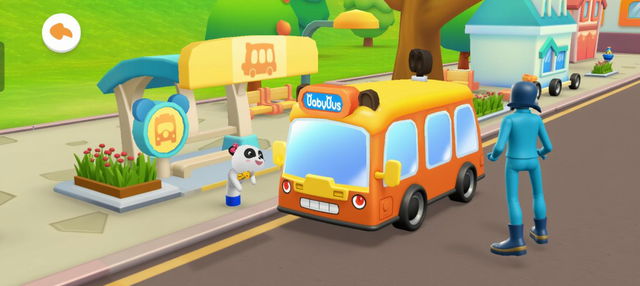 A colorful, animated scene of a vibrant, cheerful yellow school bus parked at a bus stop