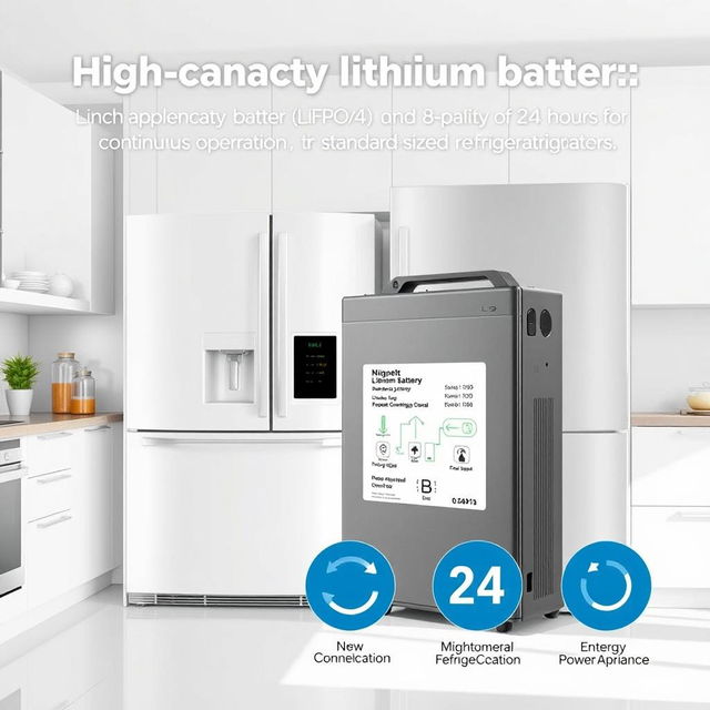 A high-capacity lithium battery (LiFePO4) designed to provide between 8 and 24 hours of continuous operation for standard-sized refrigerators