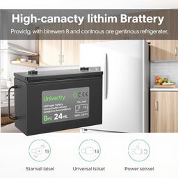 A high-capacity lithium battery (LiFePO4) designed to provide between 8 and 24 hours of continuous operation for standard-sized refrigerators