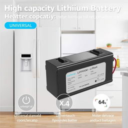 A high-capacity lithium battery (LiFePO4) designed to provide between 8 and 24 hours of continuous operation for standard-sized refrigerators