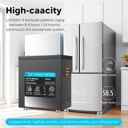 A high-capacity lithium battery (LiFePO4) designed to provide between 8 and 24 hours of continuous operation for standard-sized refrigerators