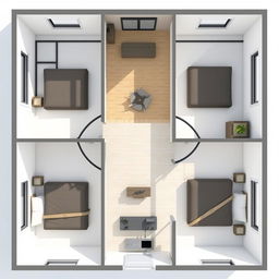 An architectural design of an 8x6 meter house plan featuring three bedrooms