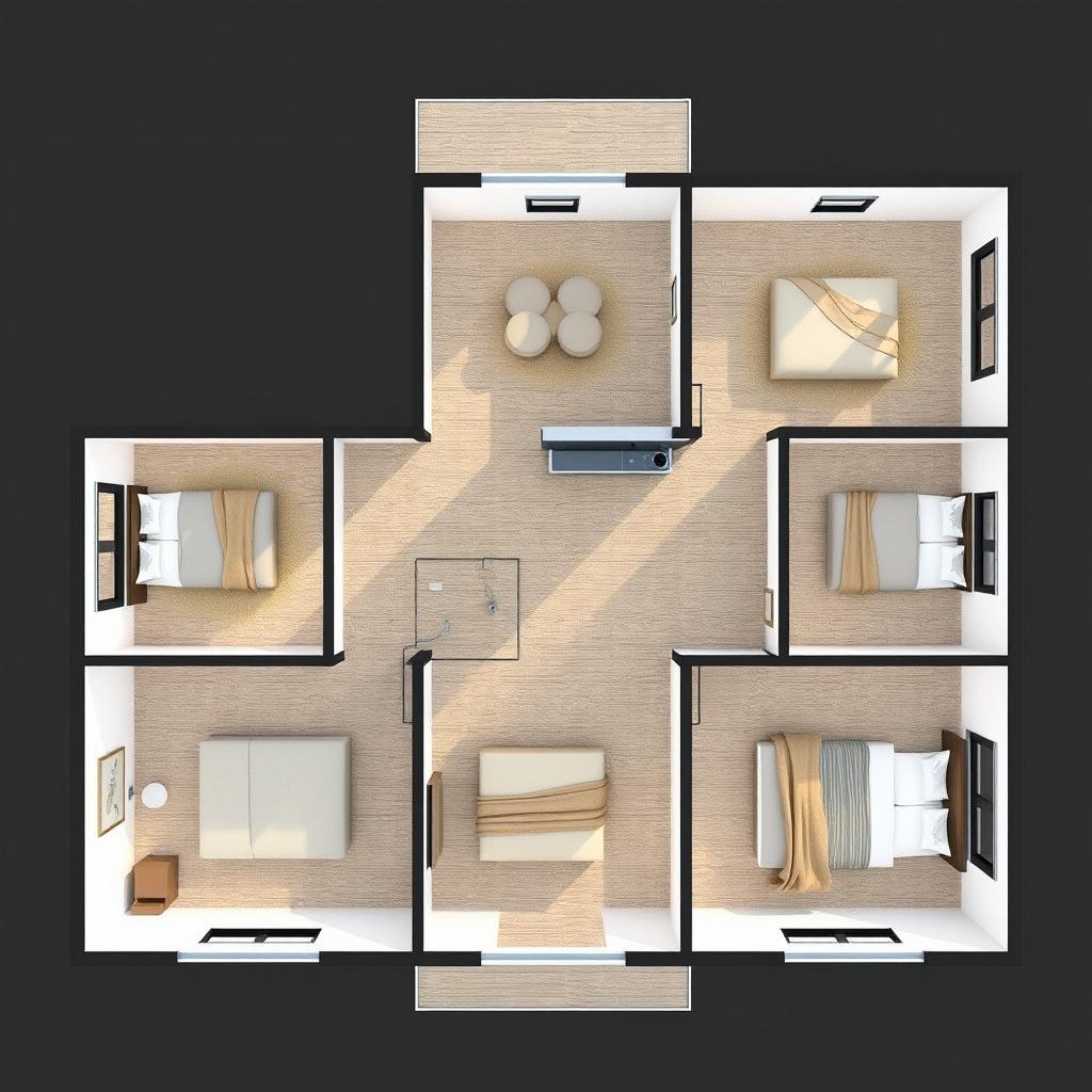 An architectural design of an 8x6 meter house plan featuring three bedrooms