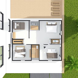 An architectural design of an 8x6 meter house plan featuring three bedrooms