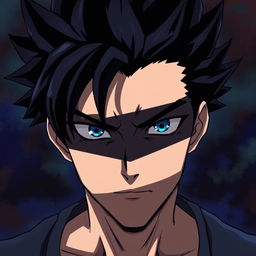 A male character with bold, black spiky hair and striking blue eyes, his face partially obscured by darkness, creating an air of mystery