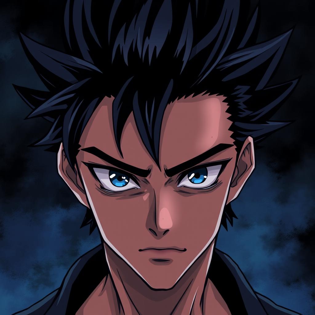 A male character with bold, black spiky hair and striking blue eyes, his face partially obscured by darkness, creating an air of mystery