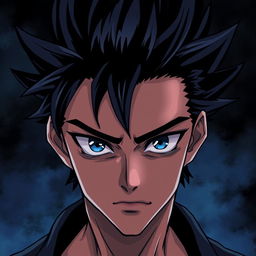 A male character with bold, black spiky hair and striking blue eyes, his face partially obscured by darkness, creating an air of mystery