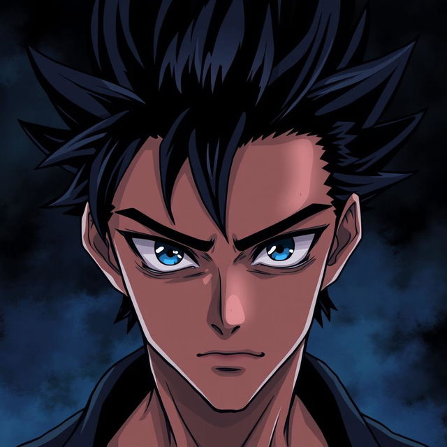 A male character with bold, black spiky hair and striking blue eyes, his face partially obscured by darkness, creating an air of mystery