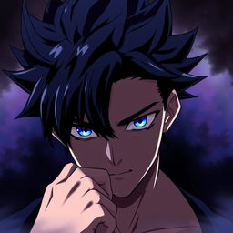 A male character with bold, black spiky hair and striking blue eyes, his face partially obscured by darkness, creating an air of mystery