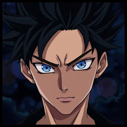 A male character with bold, black spiky hair and striking blue eyes, his face partially obscured by darkness, creating an air of mystery