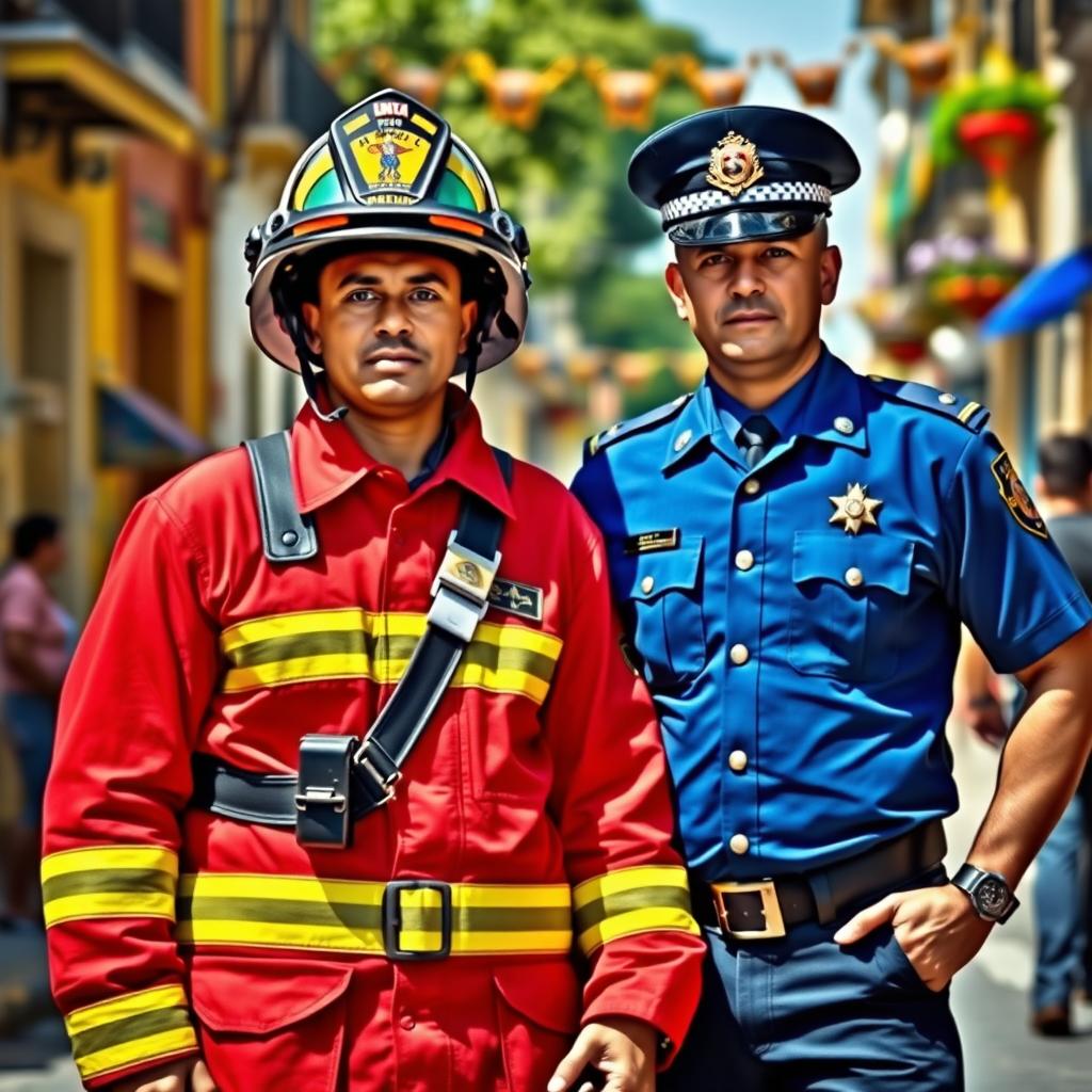 A Brazilian firefighter and a police officer in full dress uniform, standing proud and heroic