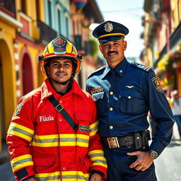 A Brazilian firefighter and a police officer in full dress uniform, standing proud and heroic