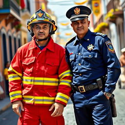 A Brazilian firefighter and a police officer in full dress uniform, standing proud and heroic
