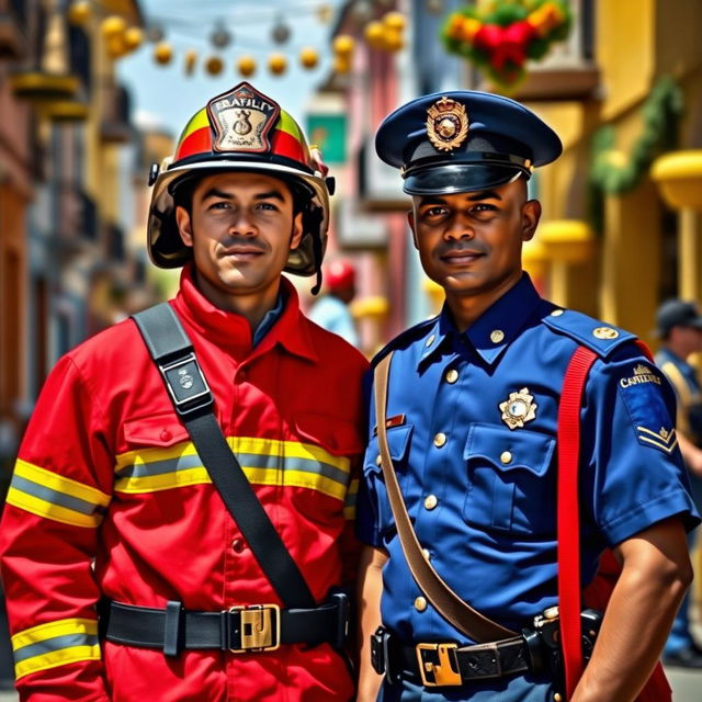 A Brazilian firefighter and a police officer in full dress uniform, standing proud and heroic