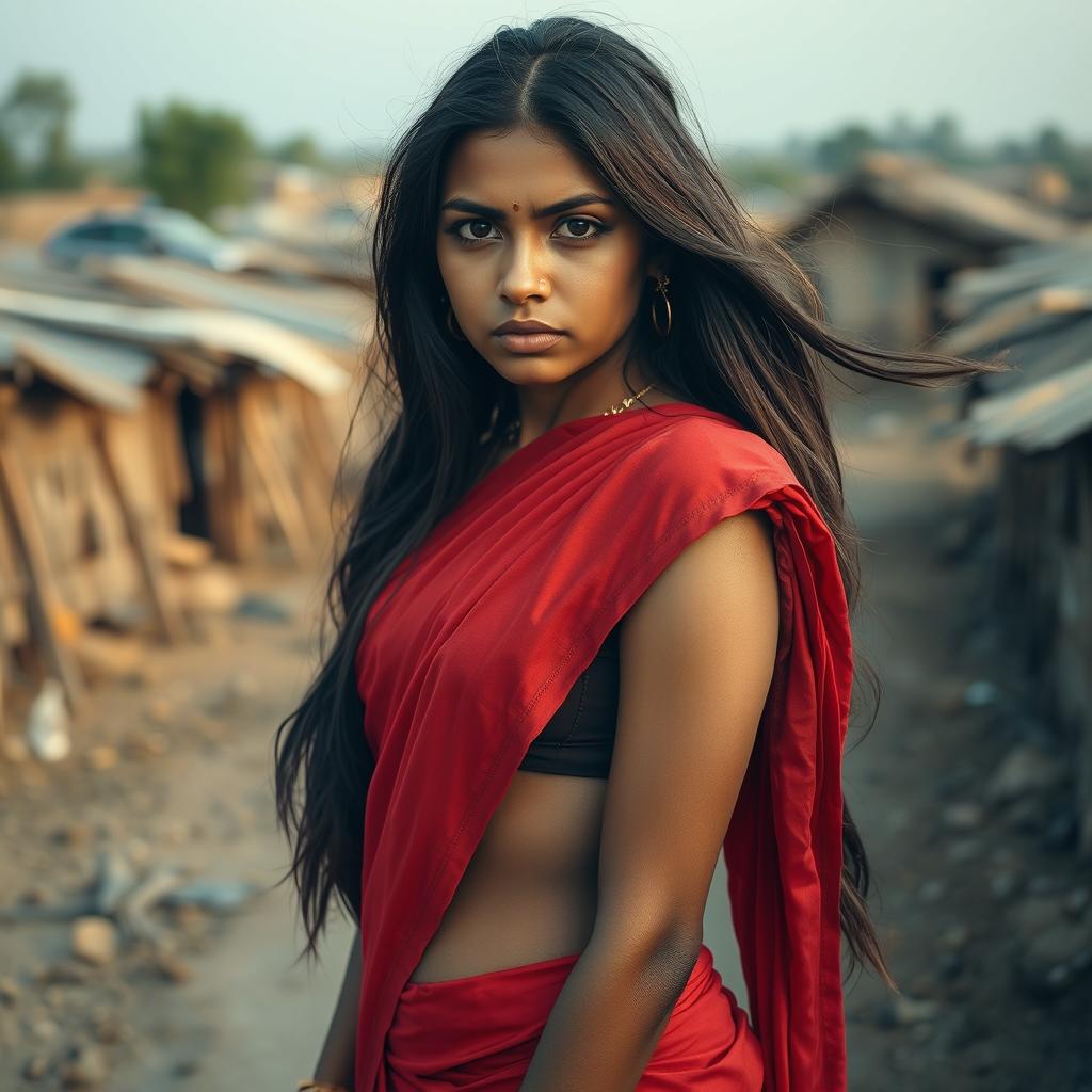 A young Indian woman dressed in a traditional red saree, with long flowing hair