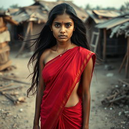 A young Indian woman dressed in a traditional red saree, with long flowing hair