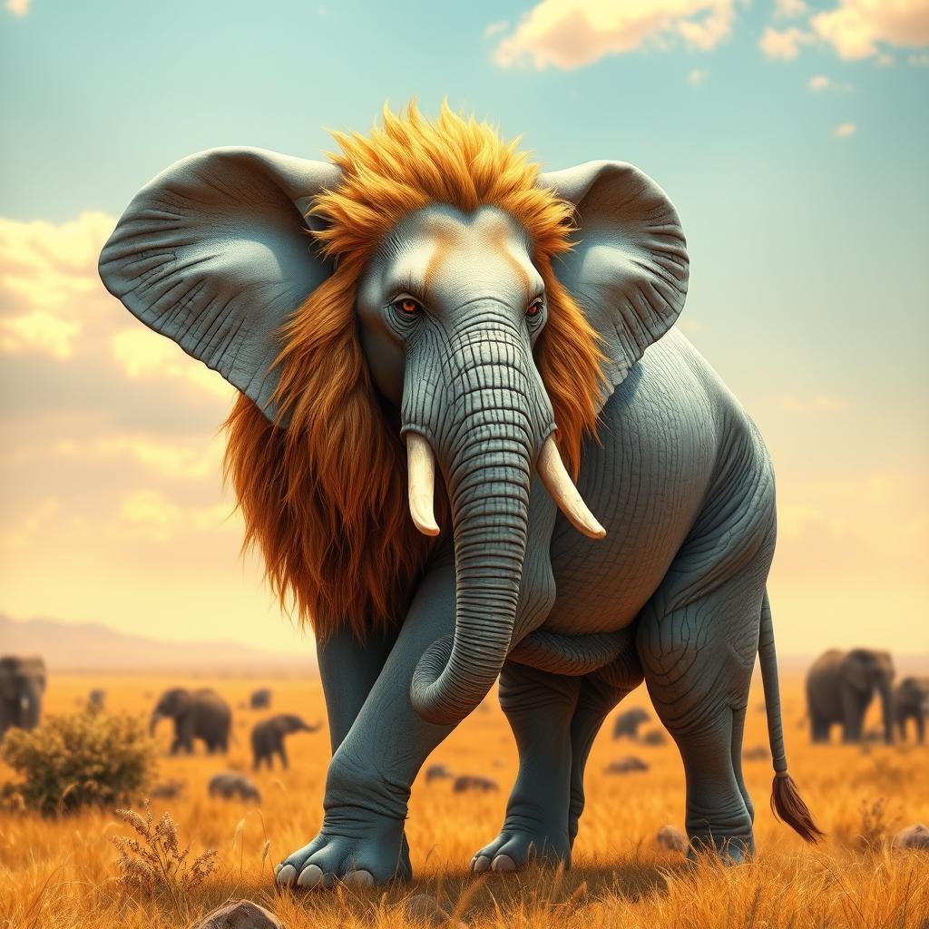 A hybrid creature combining the majestic features of a lion and an elephant, showcasing a muscular lion's body covered in thick, wrinkled, gray skin