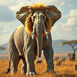 A hybrid creature combining the majestic features of a lion and an elephant, showcasing a muscular lion's body covered in thick, wrinkled, gray skin