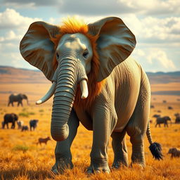 A hybrid creature combining the majestic features of a lion and an elephant, showcasing a muscular lion's body covered in thick, wrinkled, gray skin