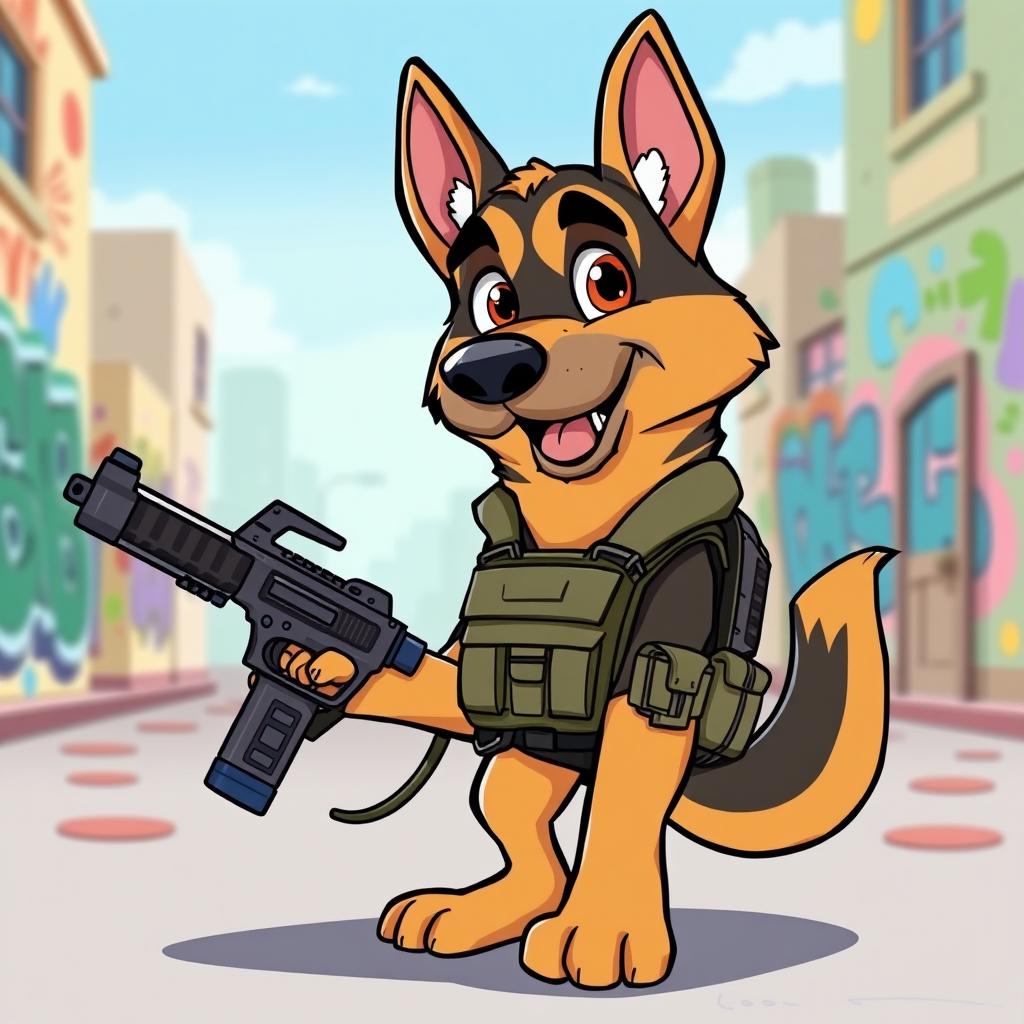 A cartoon-style illustration of a German shepherd dog dressed in tactical clothing, complete with a utility vest and a holster