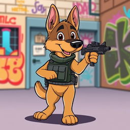 A cartoon-style illustration of a German shepherd dog dressed in tactical clothing, complete with a utility vest and a holster