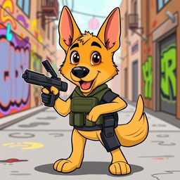 A cartoon-style illustration of a German shepherd dog dressed in tactical clothing, complete with a utility vest and a holster